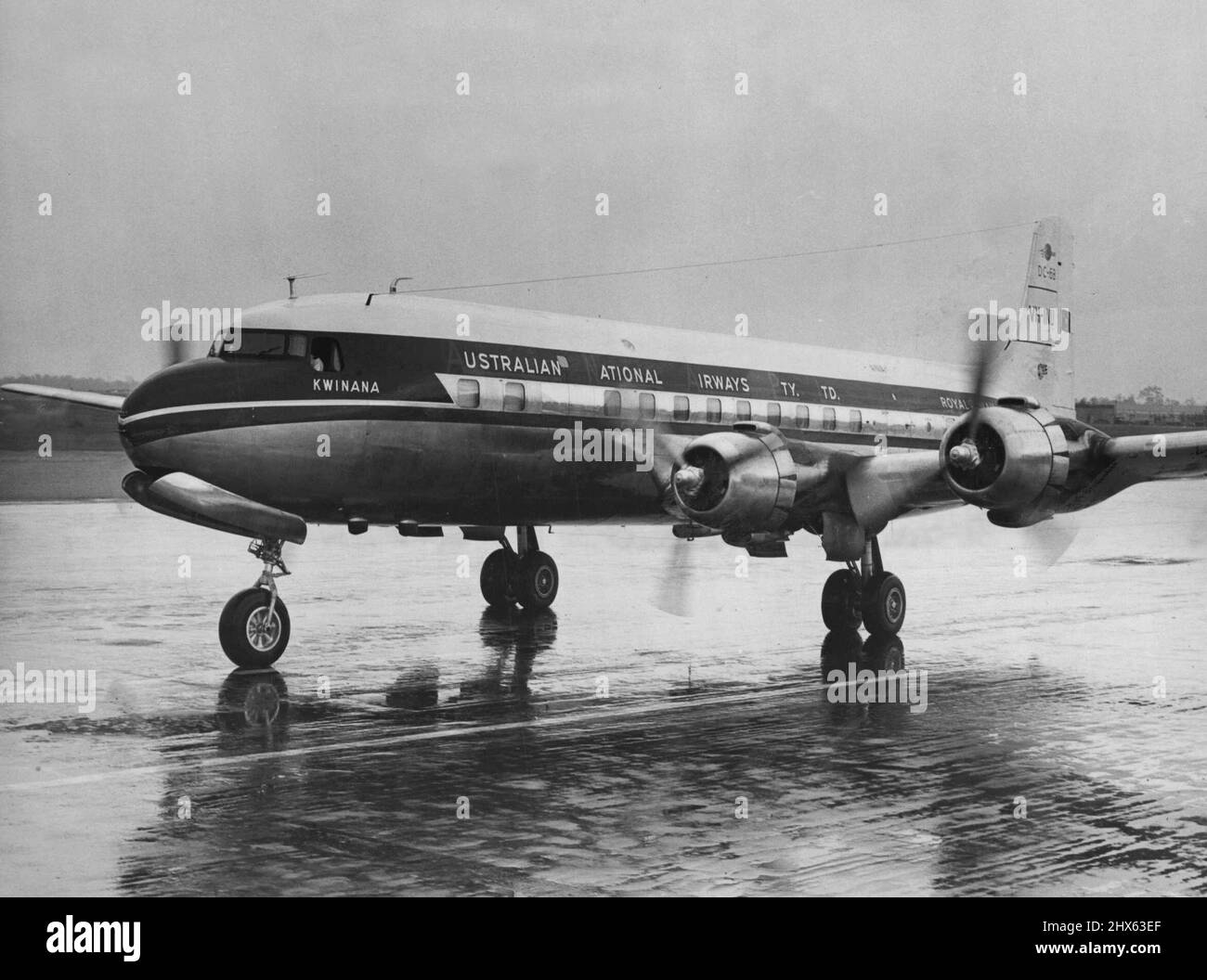 Lates DC6-B skychief airliner of the A.N.A. fleet, Kwinana, which flew into Brisbane airport yesterday with 58 passengers on a 'show the flag' flight. The Kwinana is five feet longer than the normal DC-6. April 01, 1955. Stock Photo