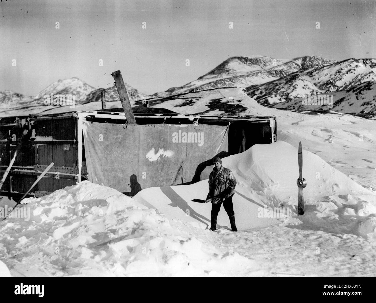 British Arctic Air Route Expedition Snow drifts in front of the hanger