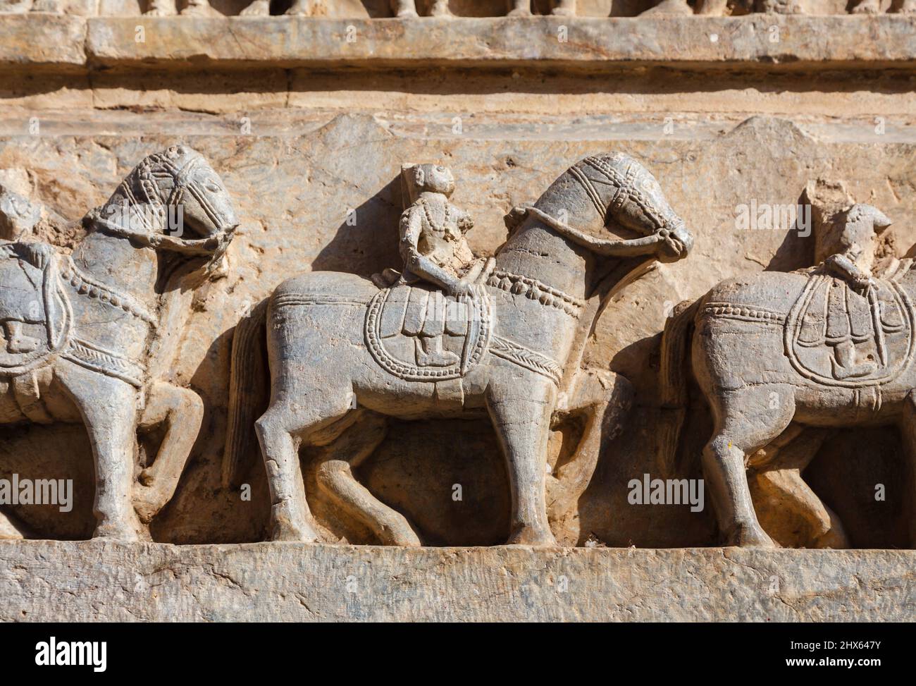 Carvings of horses in the Jagdish Temple, a Hindu temple in Udaipur, Indian state of Rajasthan Stock Photo