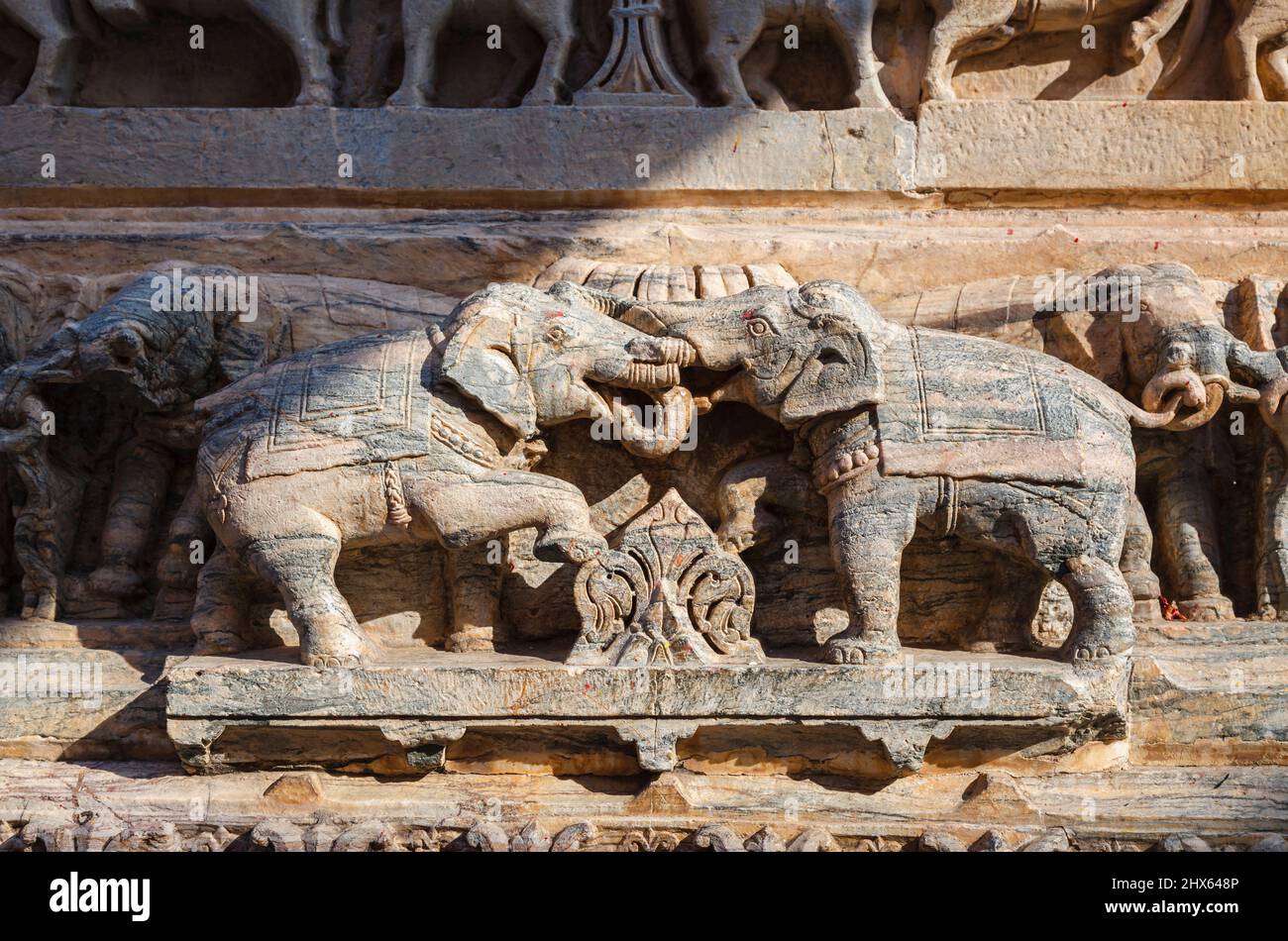 Carvings of elephants in the Jagdish Temple, a Hindu temple in Udaipur, Indian state of Rajasthan Stock Photo