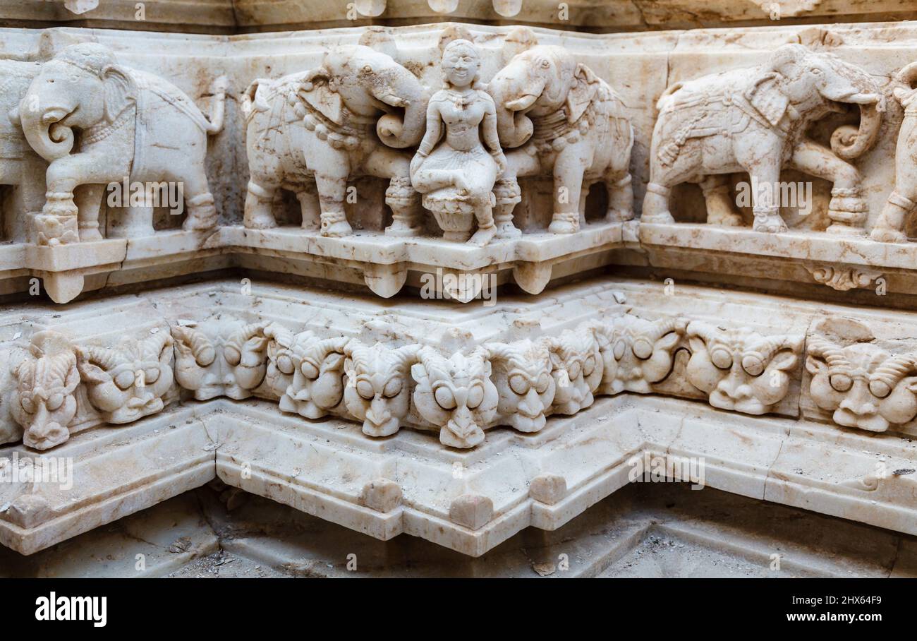 Sculptured frieze with elephants at the Hindu Shree Jagat Sheromani Ji Temple, Udaipur, Indian state of Rajasthan, India Stock Photo