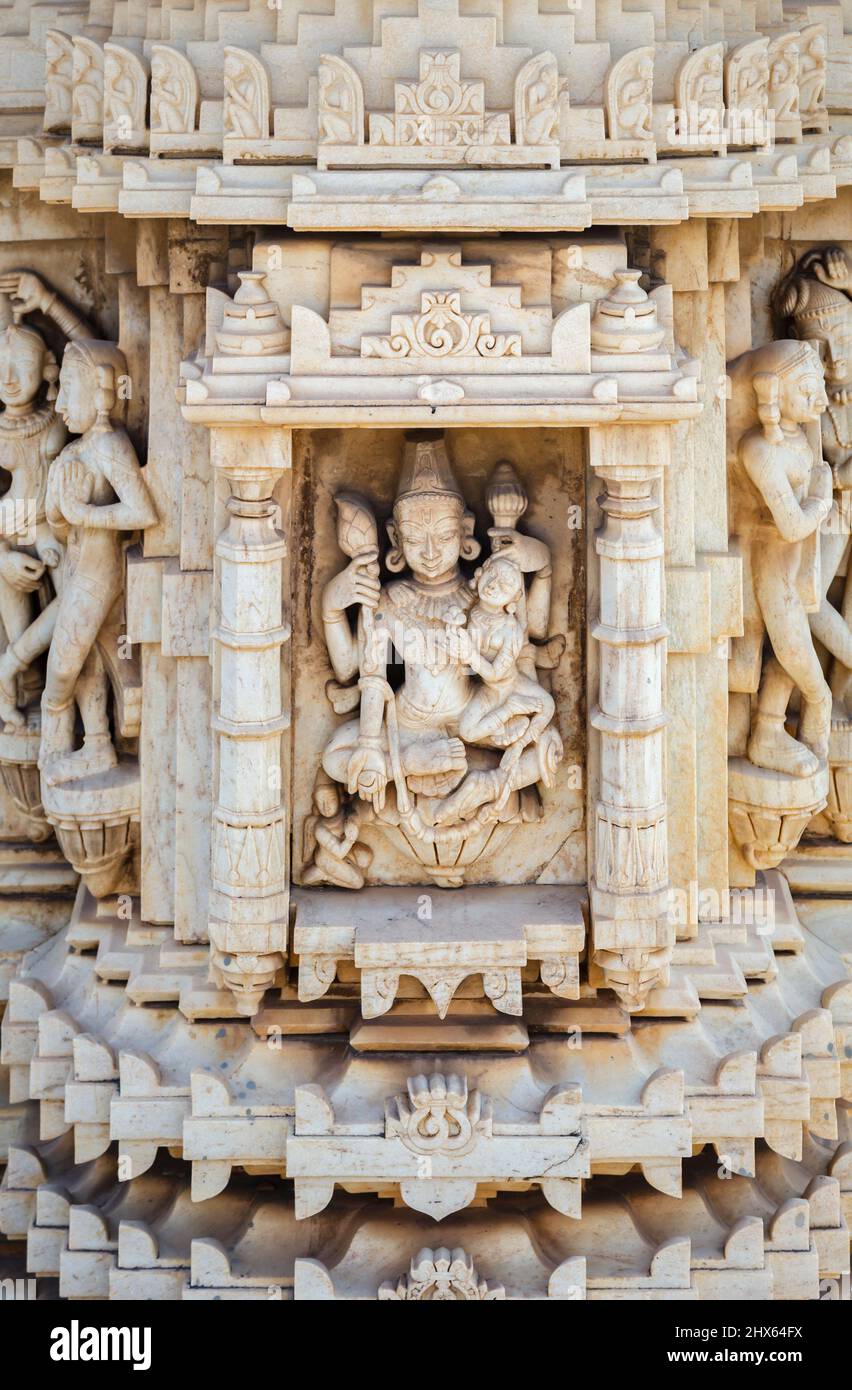 Wall carvings of female figures in the Hindu Shree Jagat Sheromani Ji Temple, Jagdish Chowk, Udaipur, Rajasthan, India Stock Photo