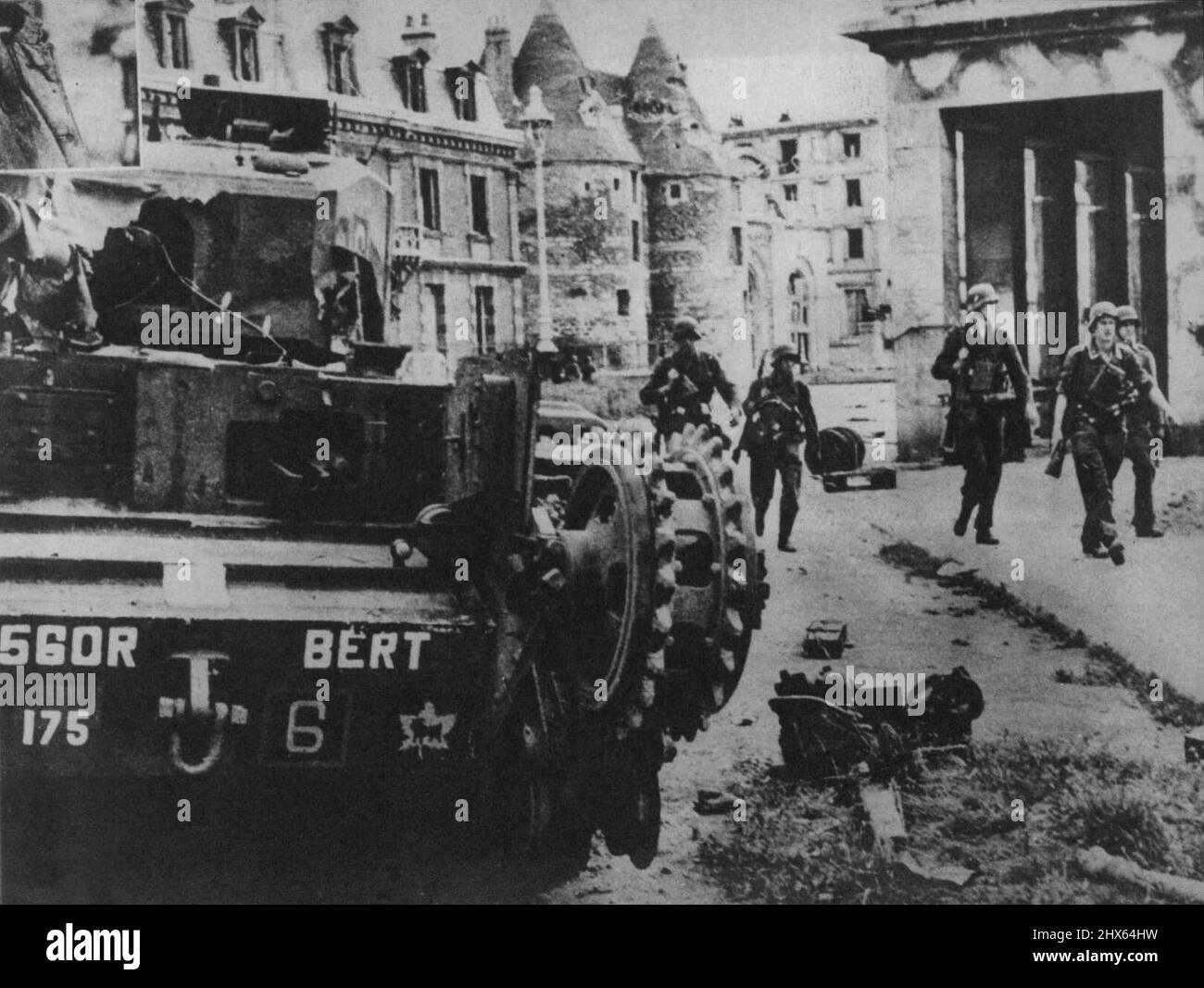 German Pictures of the Dieppe Rain Just Received in London. One of the Canadian tanks which penetrated into the streets of the town. In spite of the success the tank had to be abandoned at the moment of disembarkation. November 10, 1942. (Photo by Keystone). Stock Photo