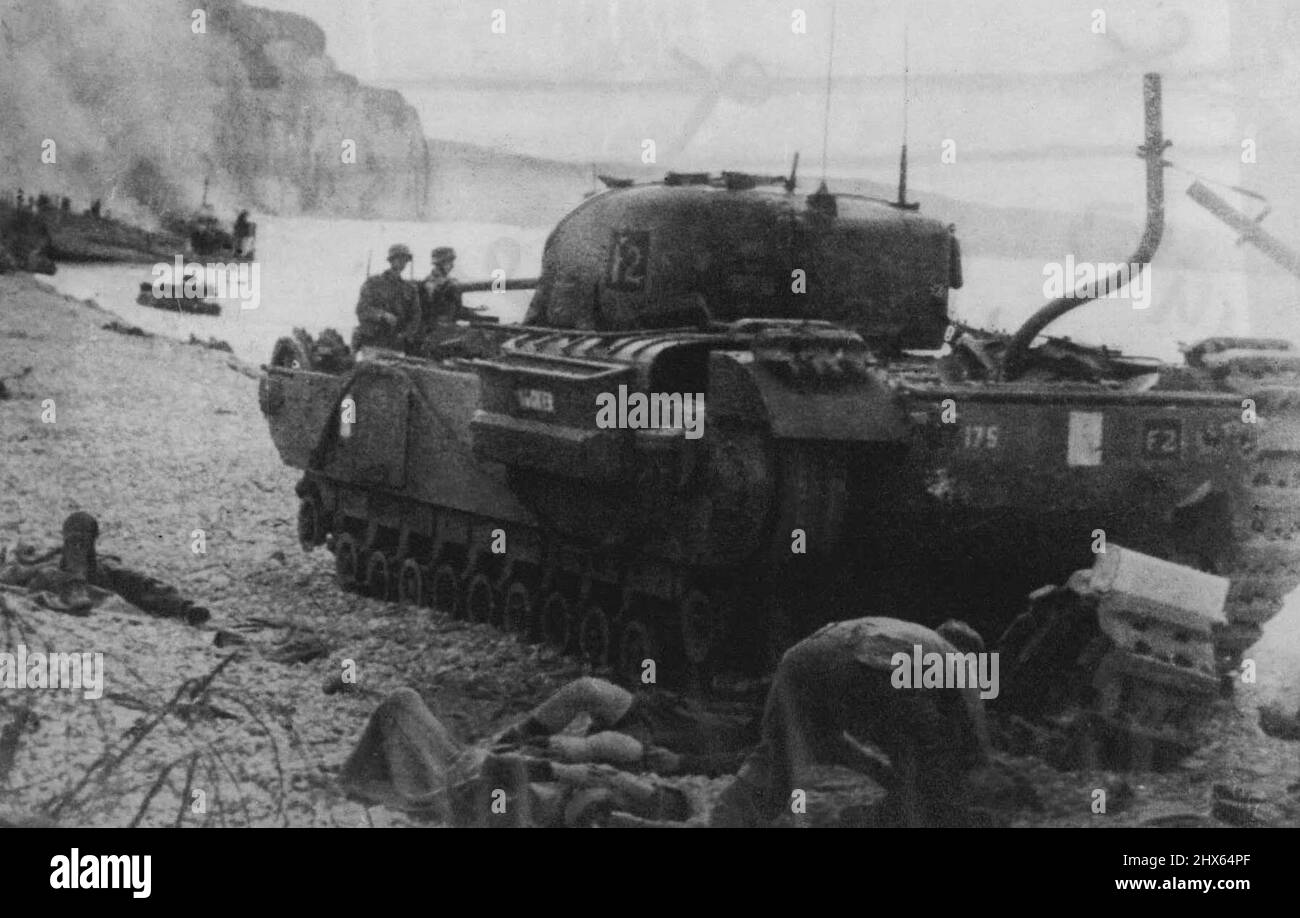 German Pictures of The Dieppe Raid. Just Received in London. One of the British tanks captured by the Germans on the Dieppe Beach. According to the German caption this picture was taken late in the afternoon. November 1, 1942. (Photo by Keystone). Stock Photo