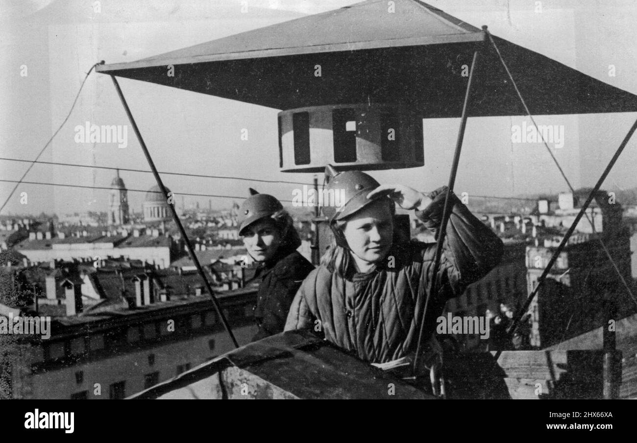 Women Fire-Fighters In Leningrad, Too -- Women of Leningrad's fire-fighting services keeping watch over their city. April 5, 1943. (Photo by U.S.S.R. Official Photograph). Stock Photo