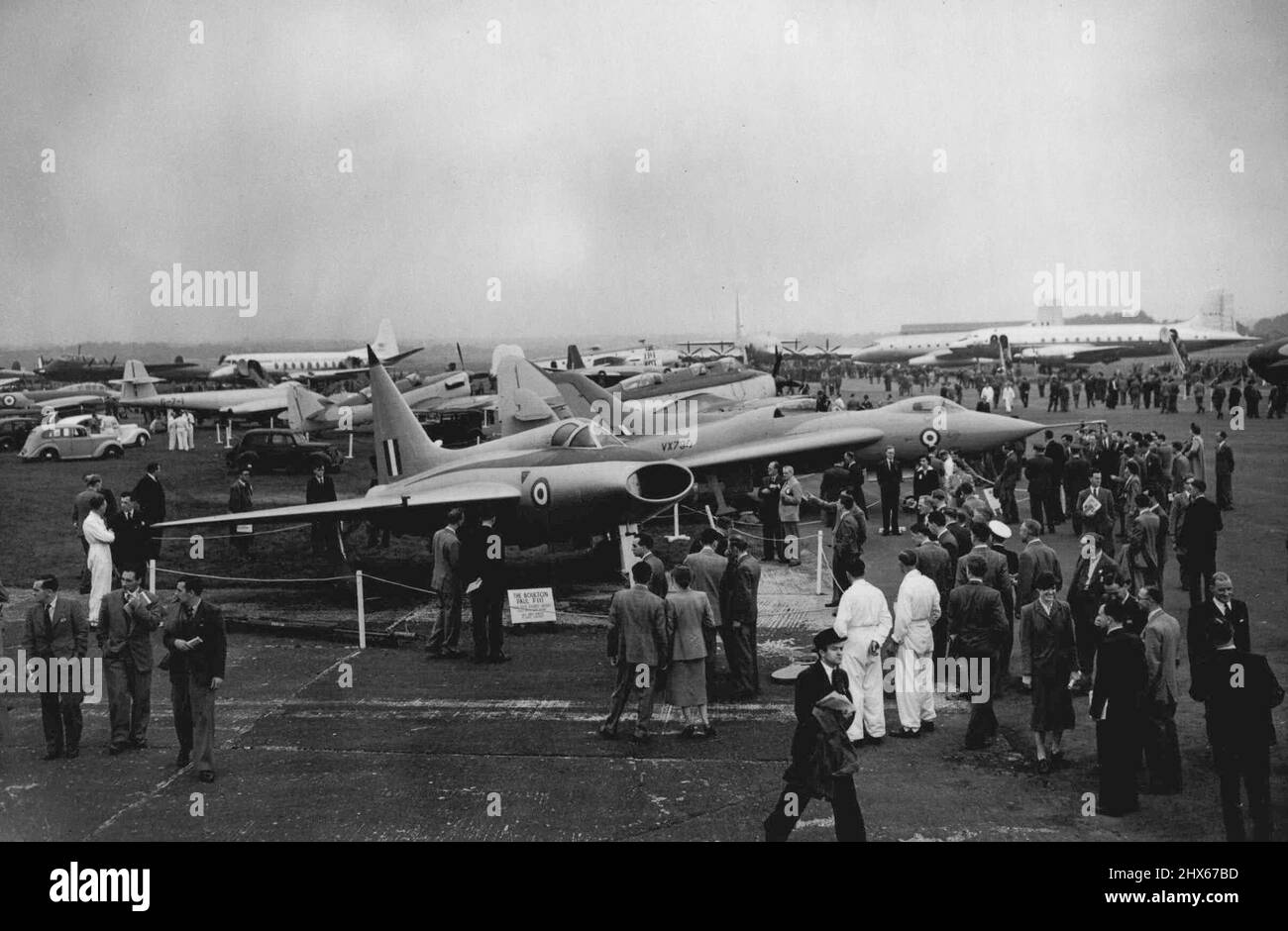 Jets On Parade. Britain's latest jets predominate and are most popular among the crowds at the opening of the great Society of British Aircraft Constructors Show the world's biggest at Farnborough, Hampshire, today (Tuesday). September 11, 1951. (Photo by Reuterphoto). Stock Photo
