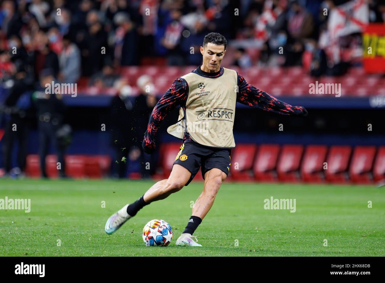 MADRID - FEB 23: Cristiano Ronaldo warms up prior to the Champions League match between Club Atletico de Madrid and Manchester United at the Metropoli Stock Photo