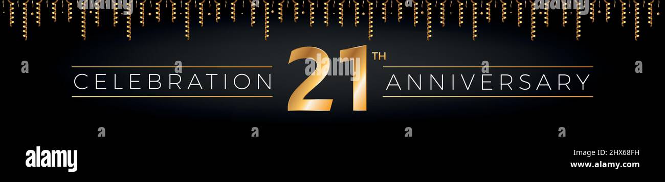 21th anniversary. Twenty-one years birthday celebration horizontal banner with bright golden color. Stock Vector