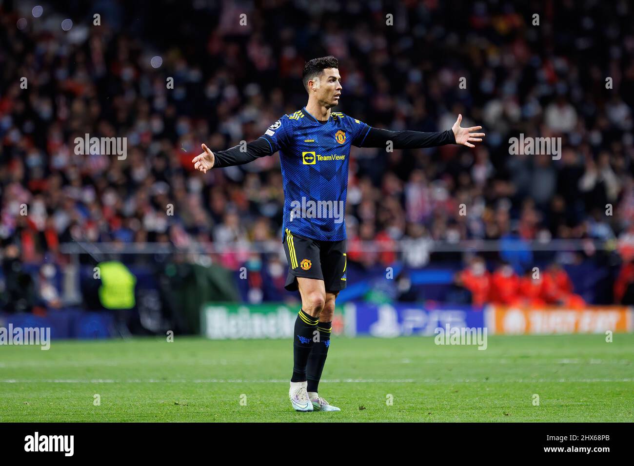 MADRID - FEB 23: Cristiano Ronaldo in action at the Champions League match between Club Atletico de Madrid and Manchester United at the Metropolitano Stock Photo