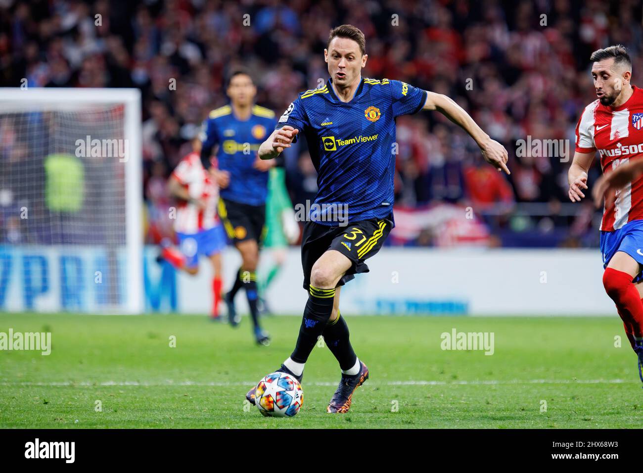 MADRID - FEB 23: Nemanja Matic in action at the Champions League match between Club Atletico de Madrid and Manchester United at the Metropolitano Stad Stock Photo