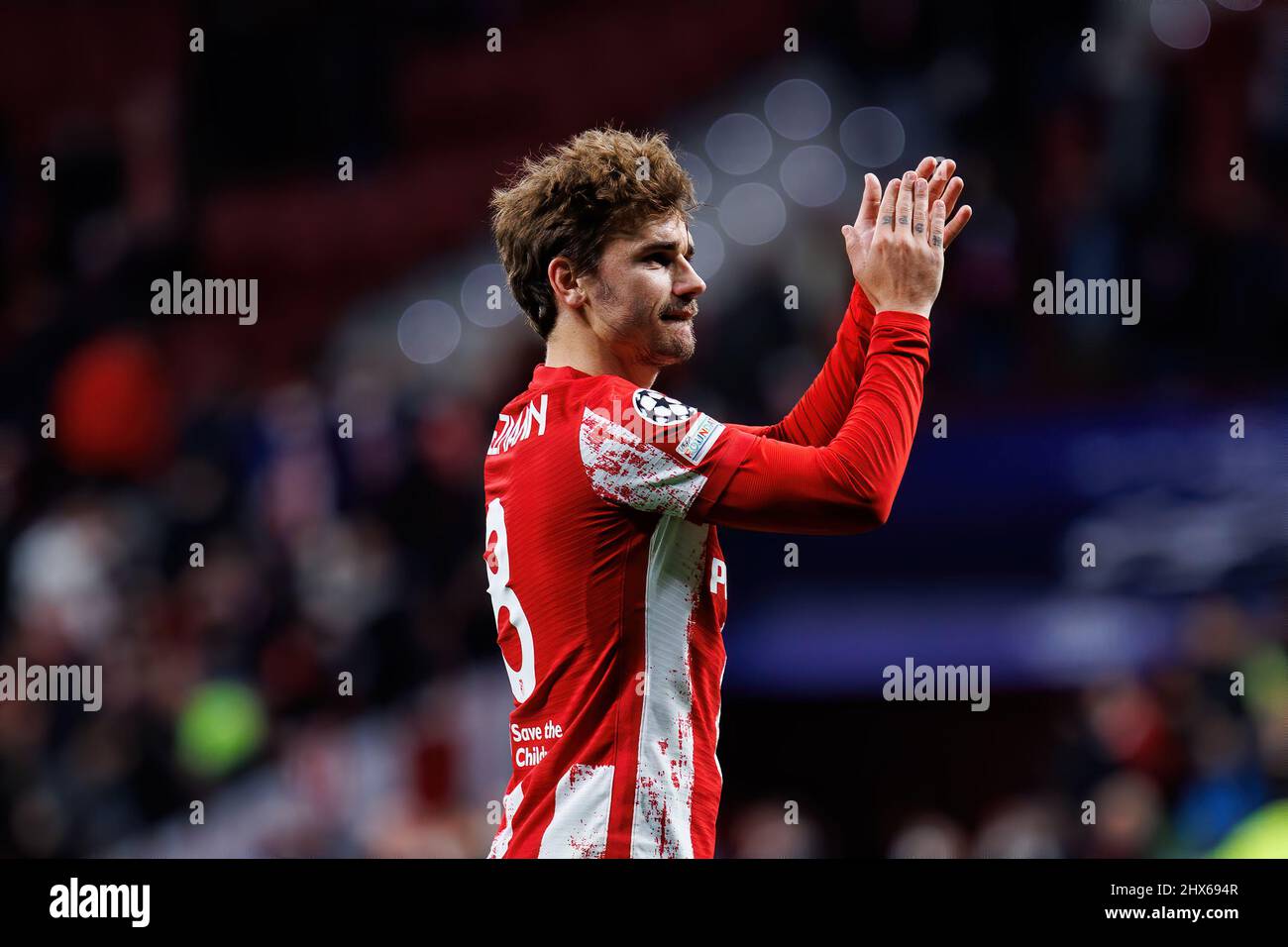 MADRID - FEB 23: Griezmann salutes the supporters at the Champions League match between Club Atletico de Madrid and Manchester United at the Metropoli Stock Photo