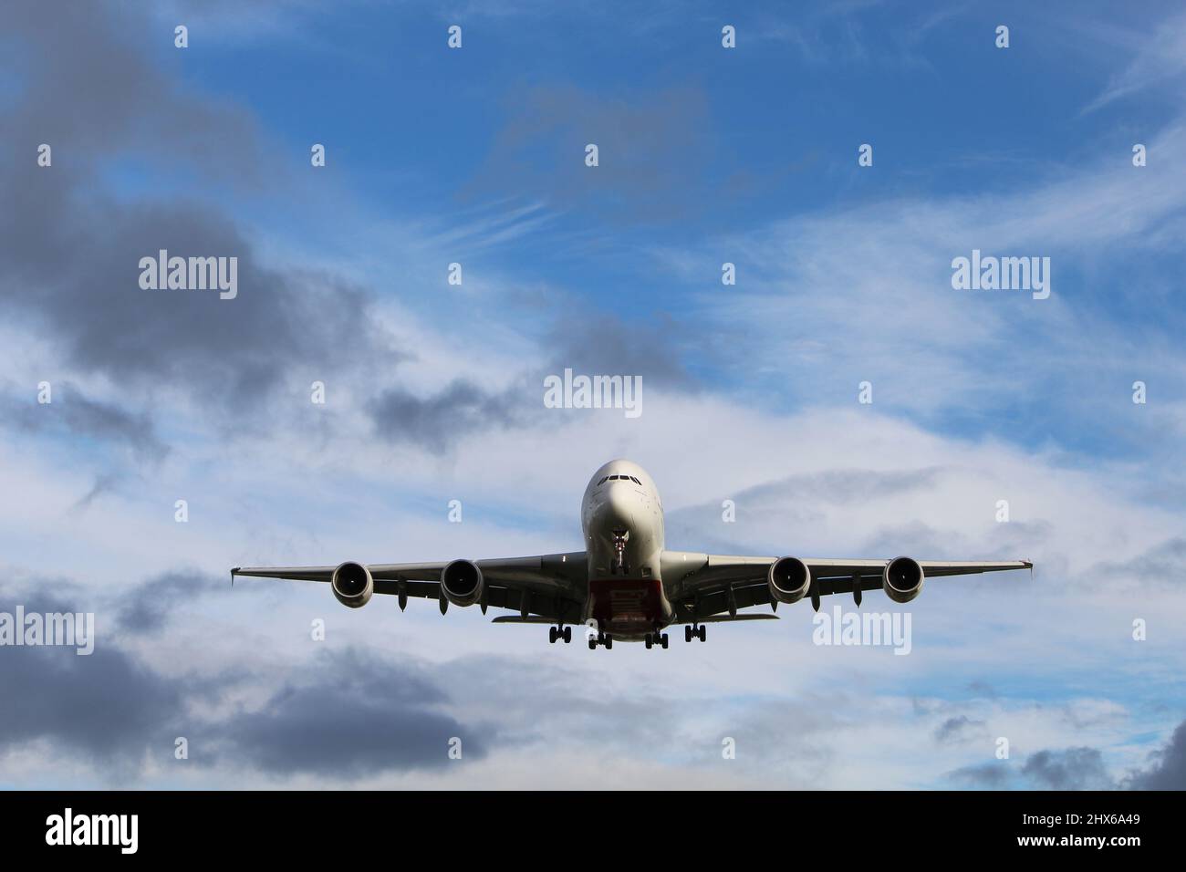 Emirates A380-800 (A6-EEN) on short final at Heathrow (27L) Stock Photo