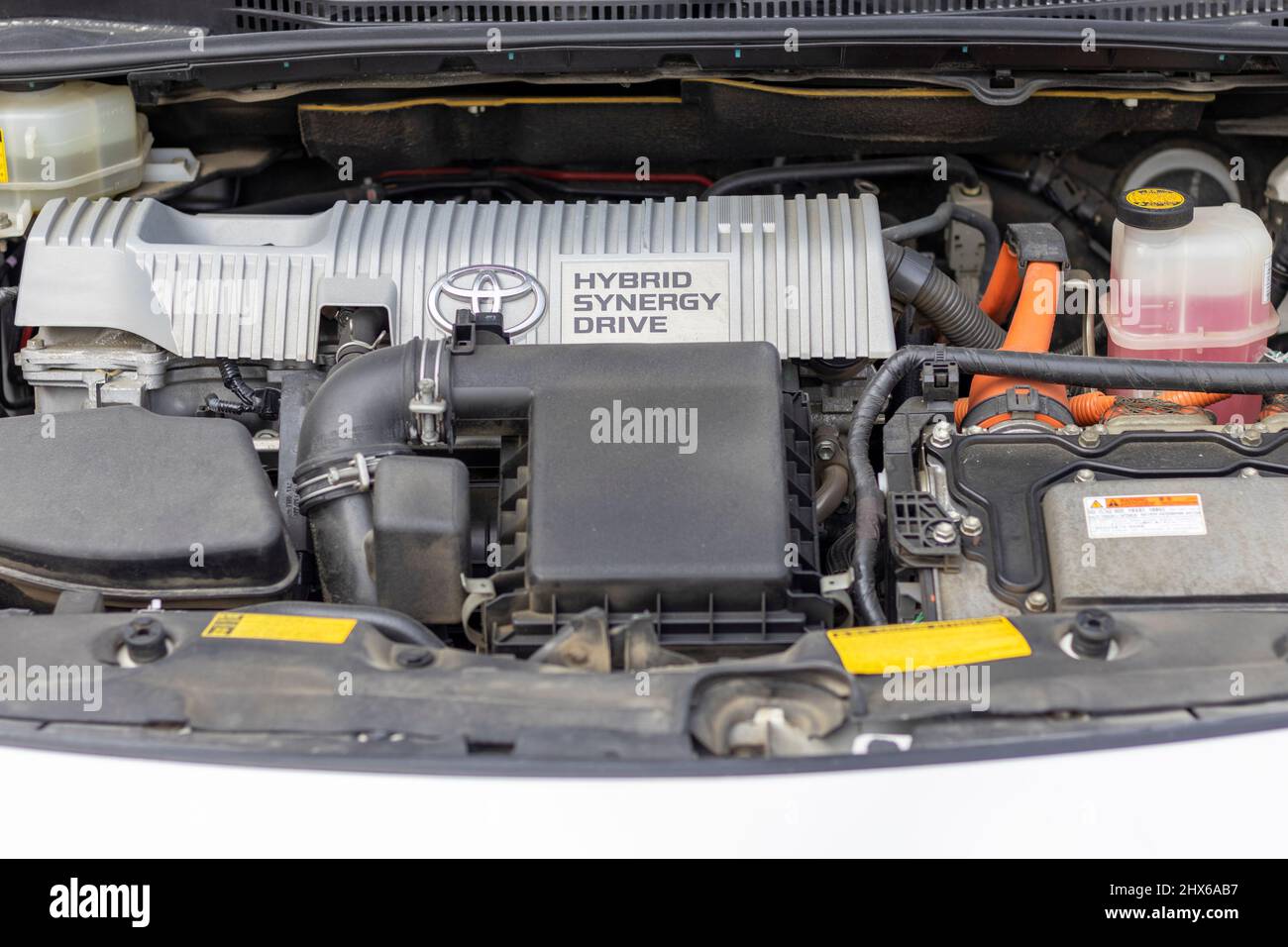 Swat, Pakistan, February 21,2022: Toyota hybrid car engine bay Stock Photo