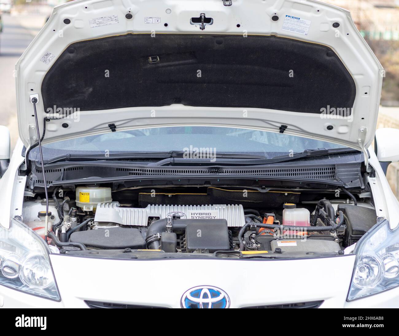 Swat, Pakistan, February 21,2022: Toyota prius with open hood Stock Photo