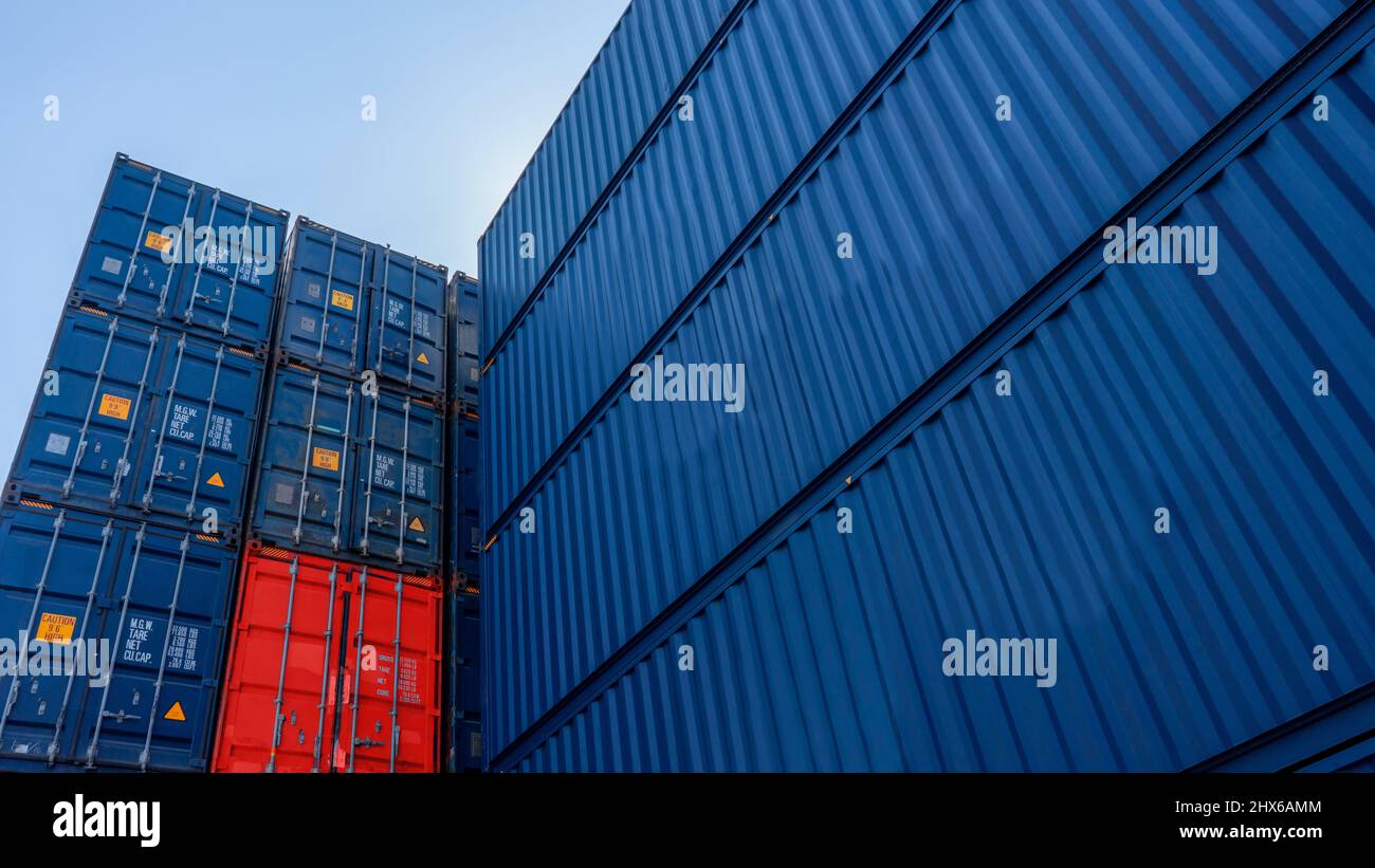 Stack of blue containers box, Cargo freight ship for import export