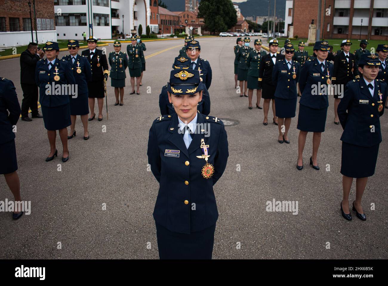 Women members of Colombia's airforce are seen during a Military honor event  given to Colombia military women members by the Military generals of  Colombia and Minister of Defense Diego Molano, in Bogota