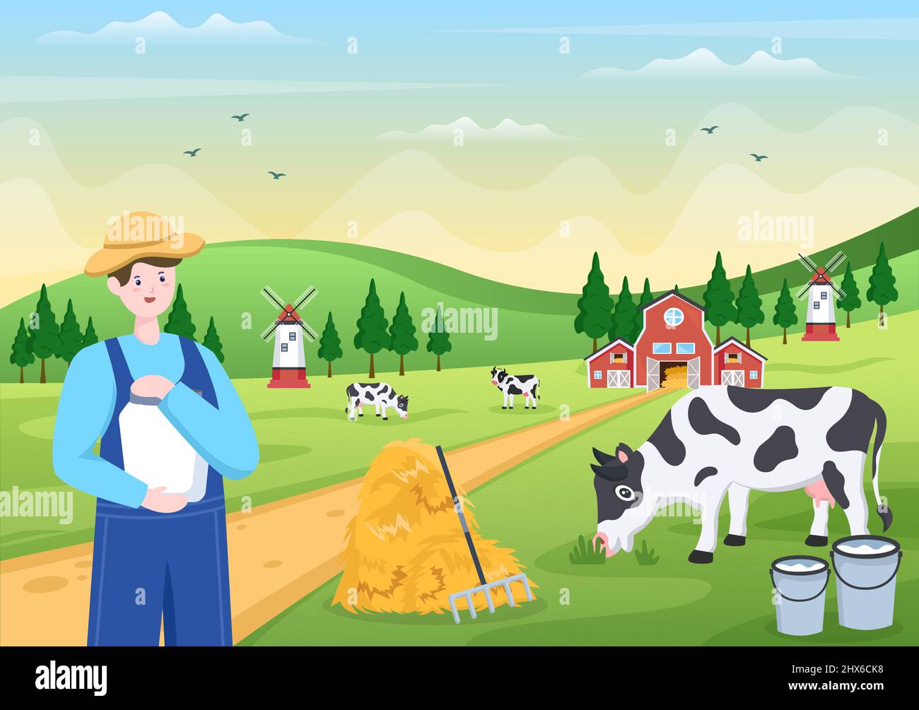 Farmers are Milking Cows to Produce or Obtain Milk with Views of Green Meadows or on Farms in an Illustration Flat Style Stock Vector