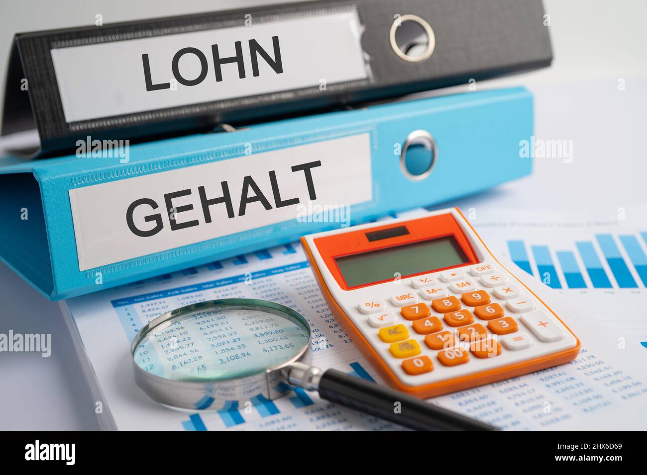 Lohn, Gehalt. Binder data finance report business with graph analysis in office. Stock Photo