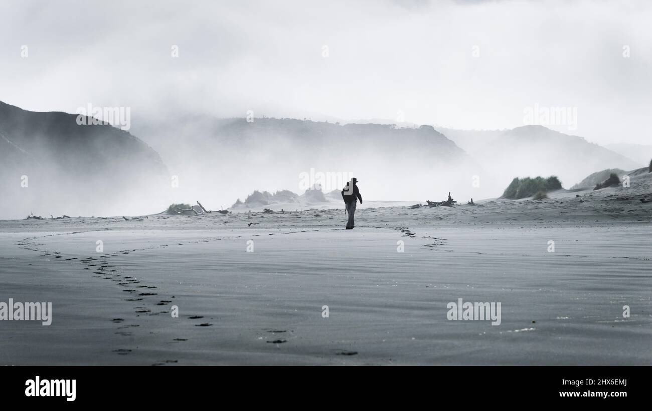 A man walking on Wharariki beach in the strong sand storm. South Island, New Zealand Stock Photo