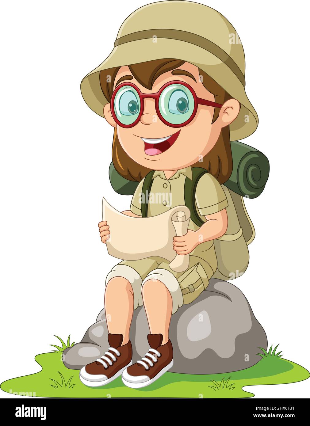 Cartoon girl scout on rock reading a map Stock Vector