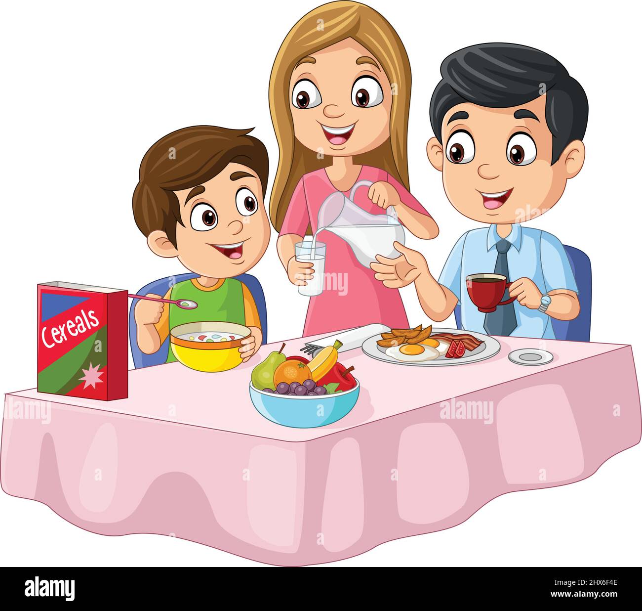 Cartoon happy family having breakfast on the table Stock Vector