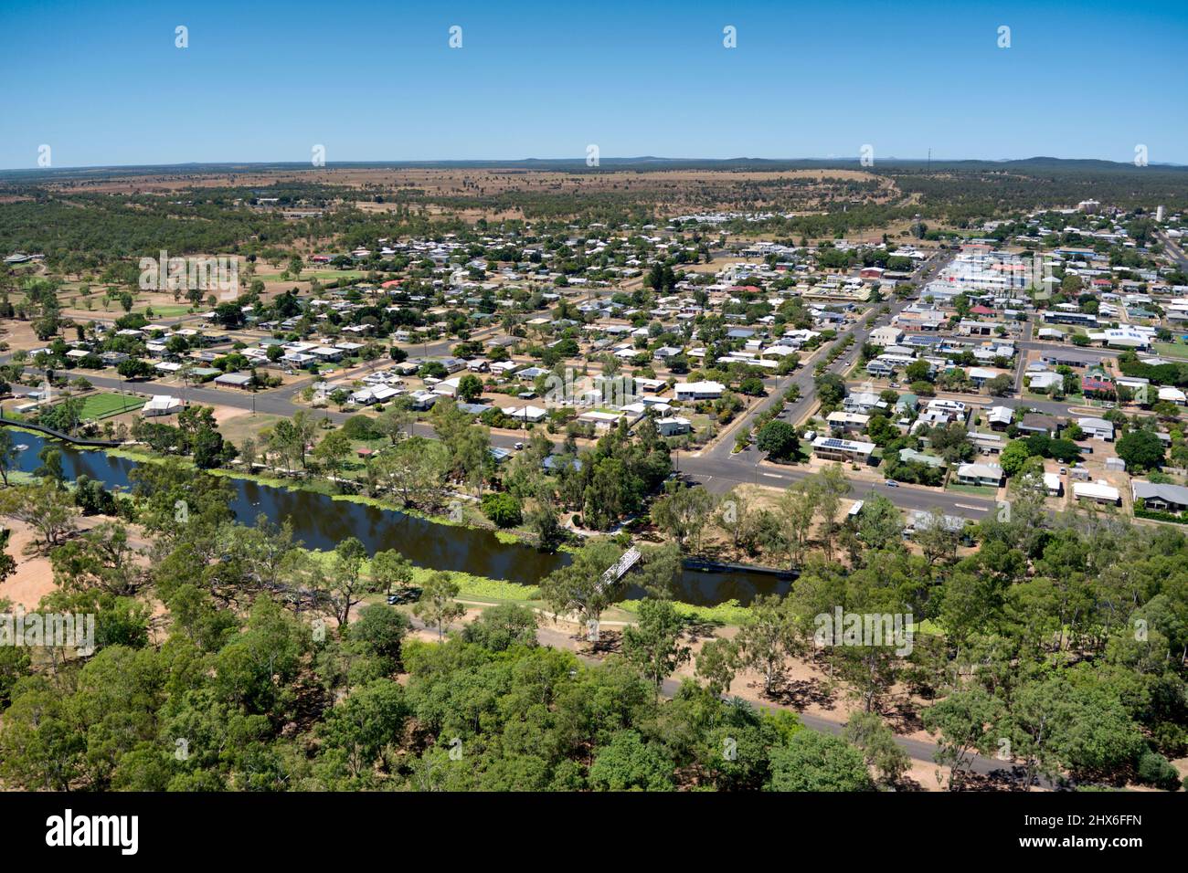Aerial of Hood Lagoon and township of Clermont Central Queensland