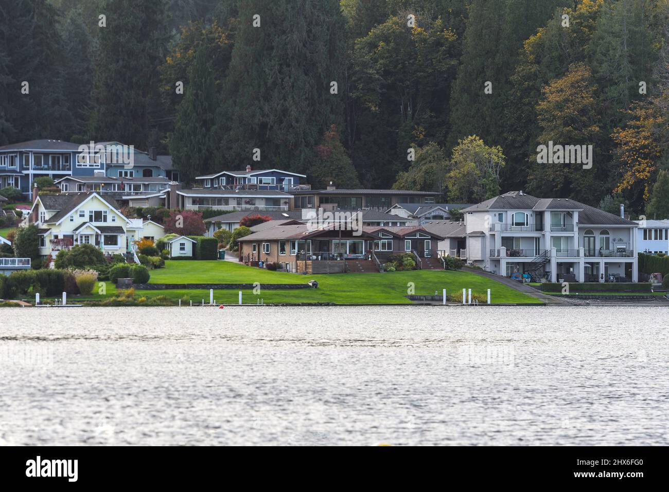 View of lakefront house in autumn, Washington State, USA Stock Photo