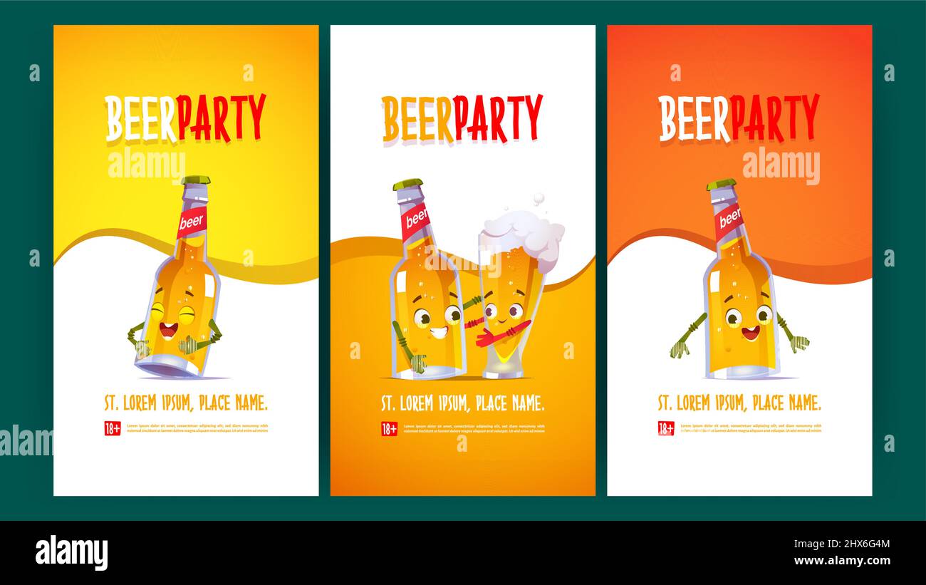 Beer party flyers with funny bottle and glass characters. Vector posters of event with brewery drinks in pub, bar of restaurant with cartoon illustration of cute lager pint hug with mug of beer Stock Vector