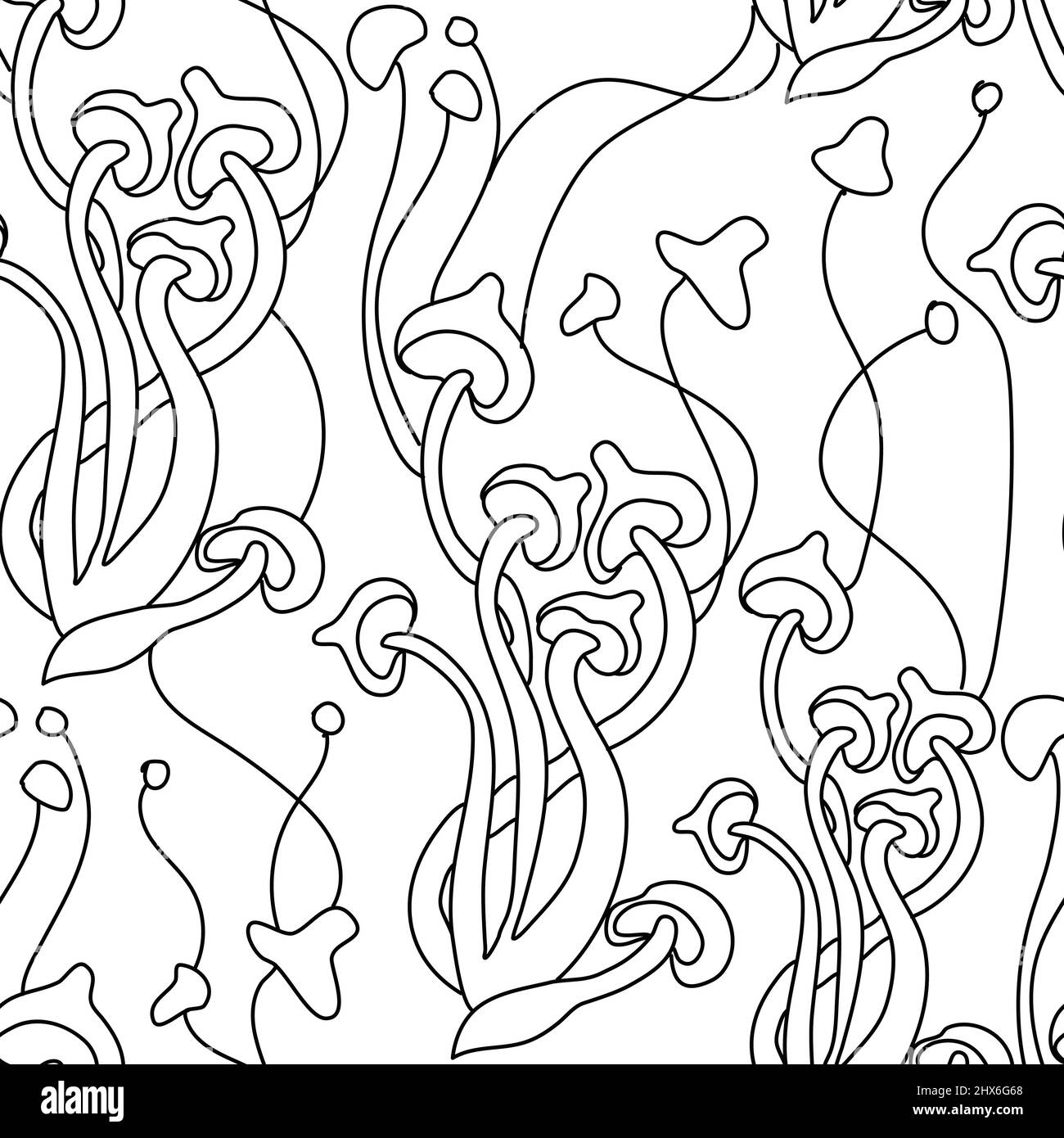 Freehand drawn line magic mushrooms seamless pattern. Stock Vector