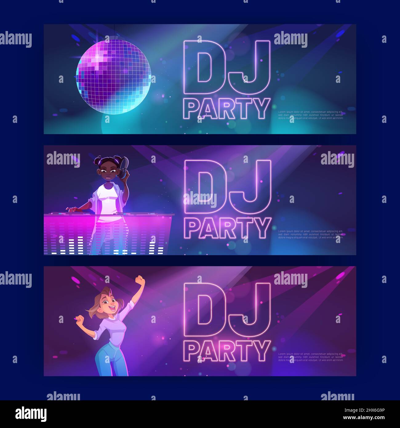 Dj party banners with disco ball, girl dance and mixer console. Vector invitation flyers to nightclub, music club, discotheque with cartoon illustration of woman dj with headphones in neon light Stock Vector