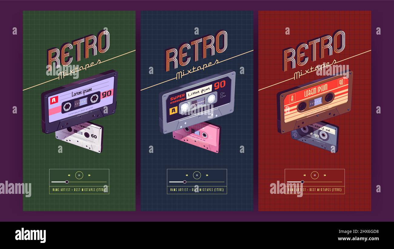 Retro mixtapes posters with old audio cassettes. Vector vertical ad banners with flat illustration of vintage audio tapes, stereo cassettes with pop and rock music of 80s and 90s Stock Vector
