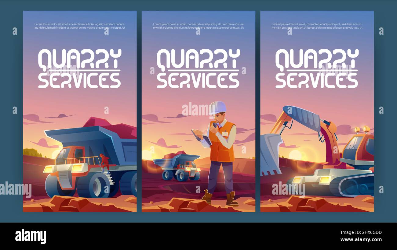 Quarry services posters with man in helmet, dumper and excavator in opencast mine. Mining industry engineer and machinery working at quarry, industrial technology Cartoon vector illustration, banners Stock Vector