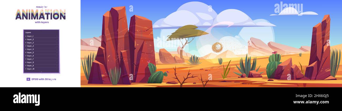 Desert of Africa natural background with layers ready for 2d game animation.  African nature landscape tumbleweed rolling along hot dry deserted land  with sand, cacti and rocks, Cartoon illustration Stock Vector Image