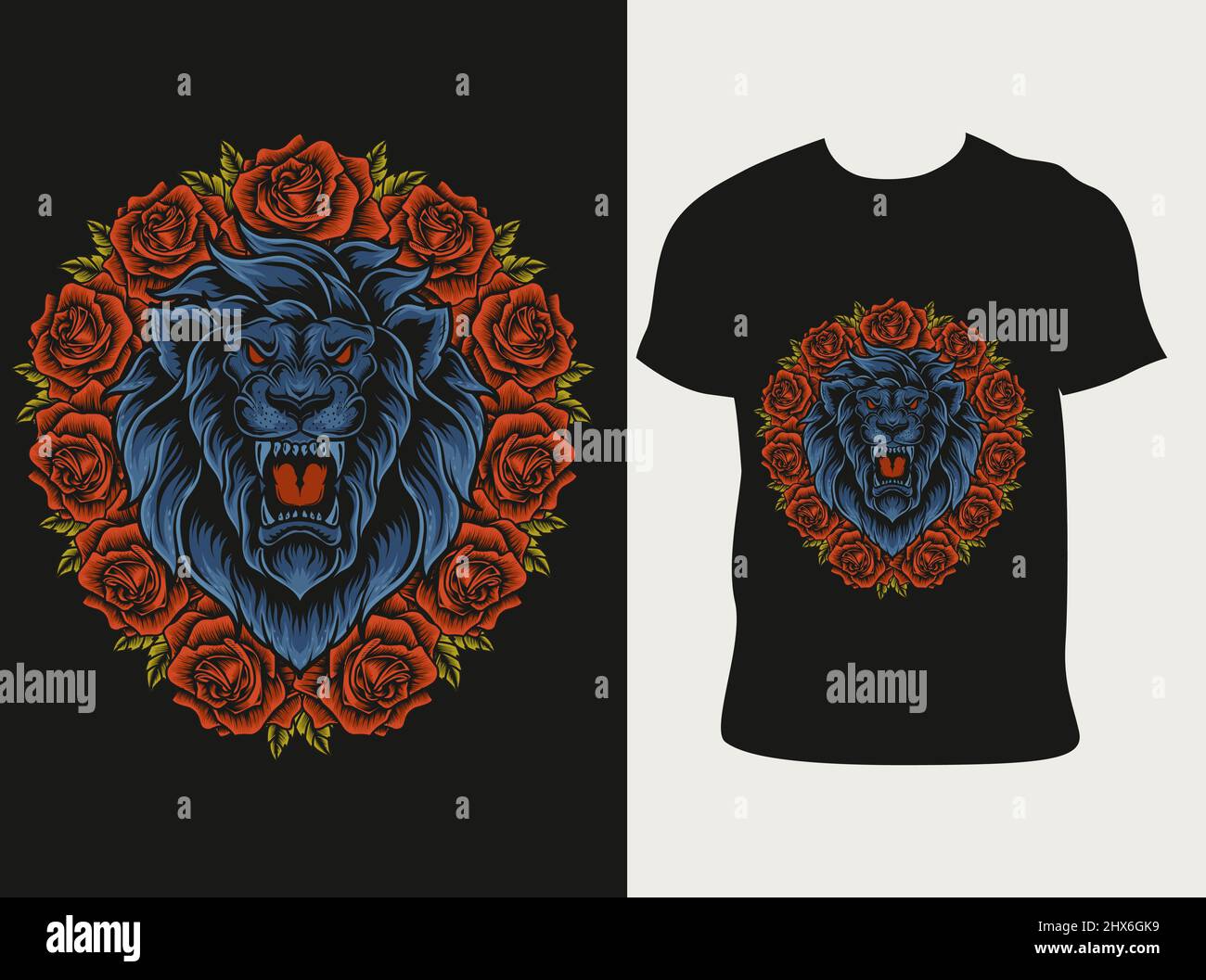 illustration lion head with rose flower on t shirt design Stock Vector