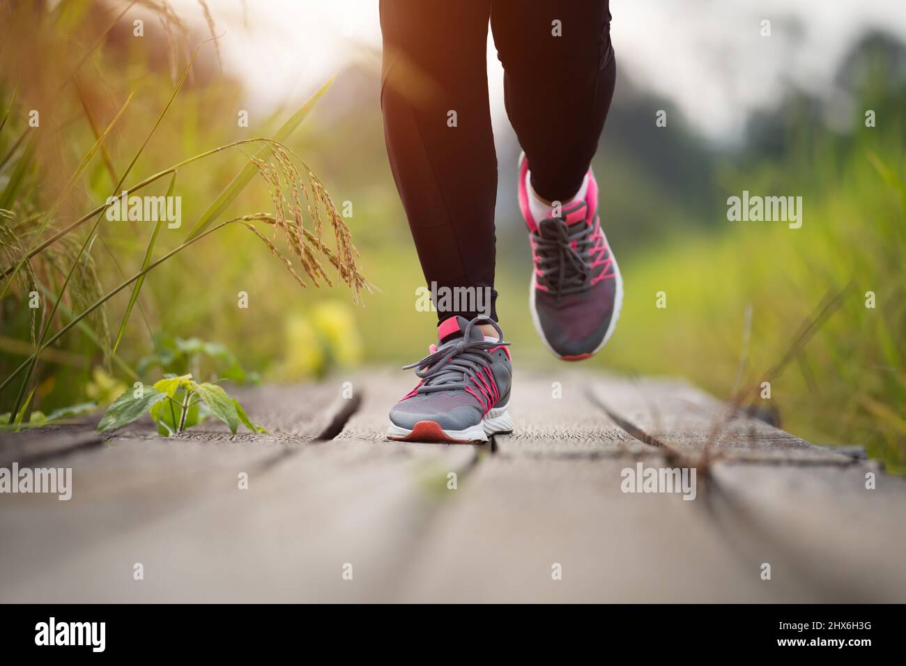closeup woman feet running on wooden path in field Stock Photo Alamy