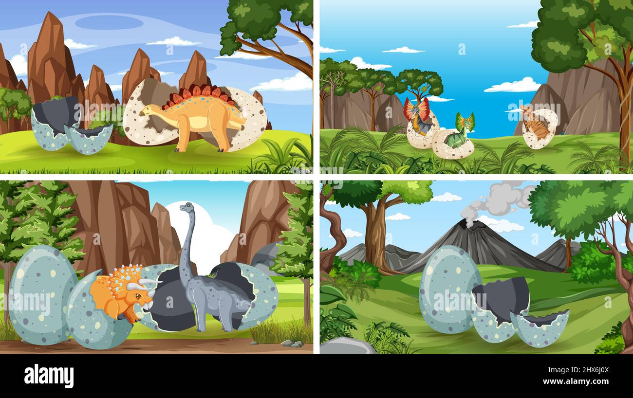 Four scenes with dinosaurs hatching illustration Stock Vector Image ...
