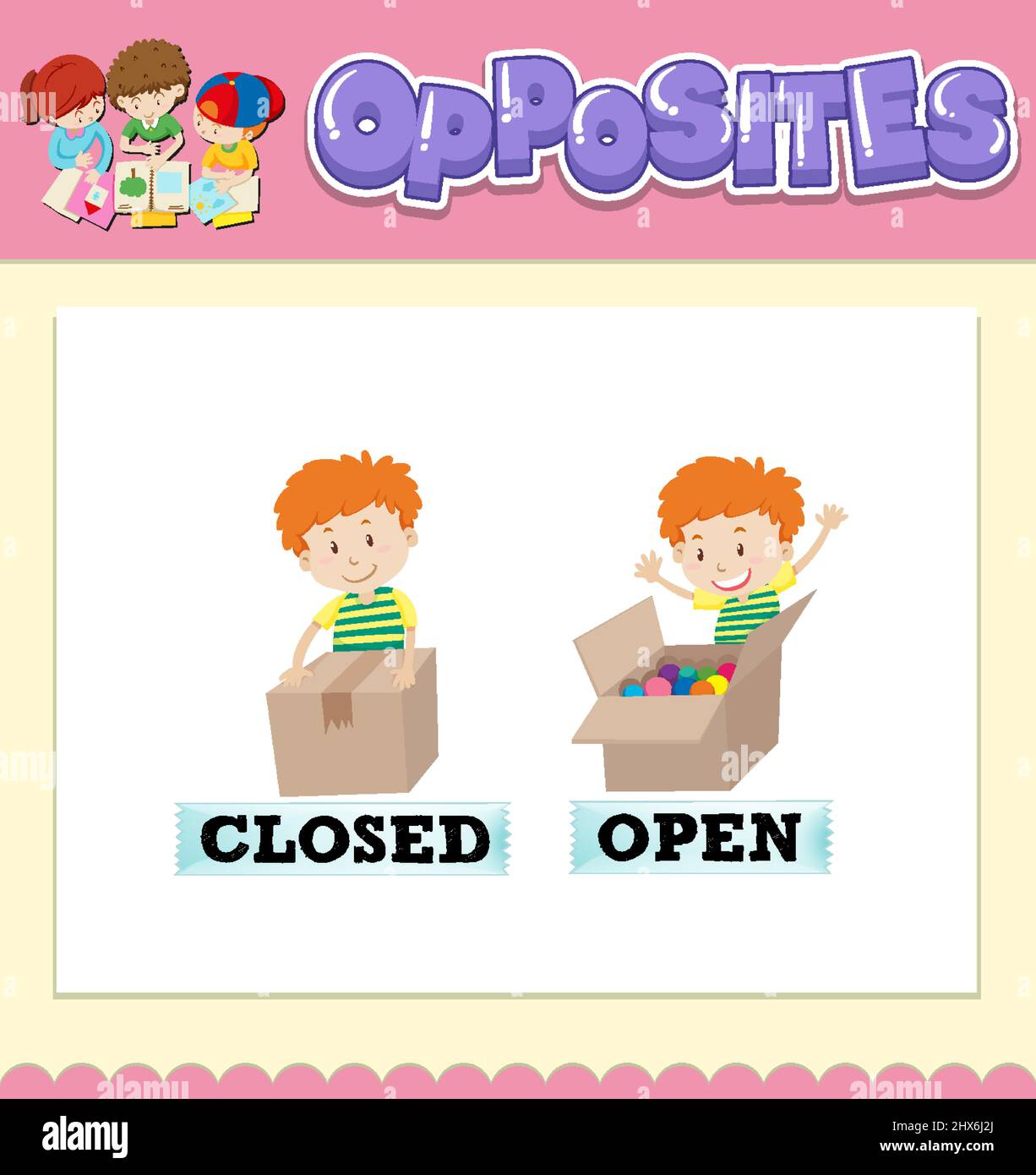 Opposite words for closed and open illustration Stock Vector Image