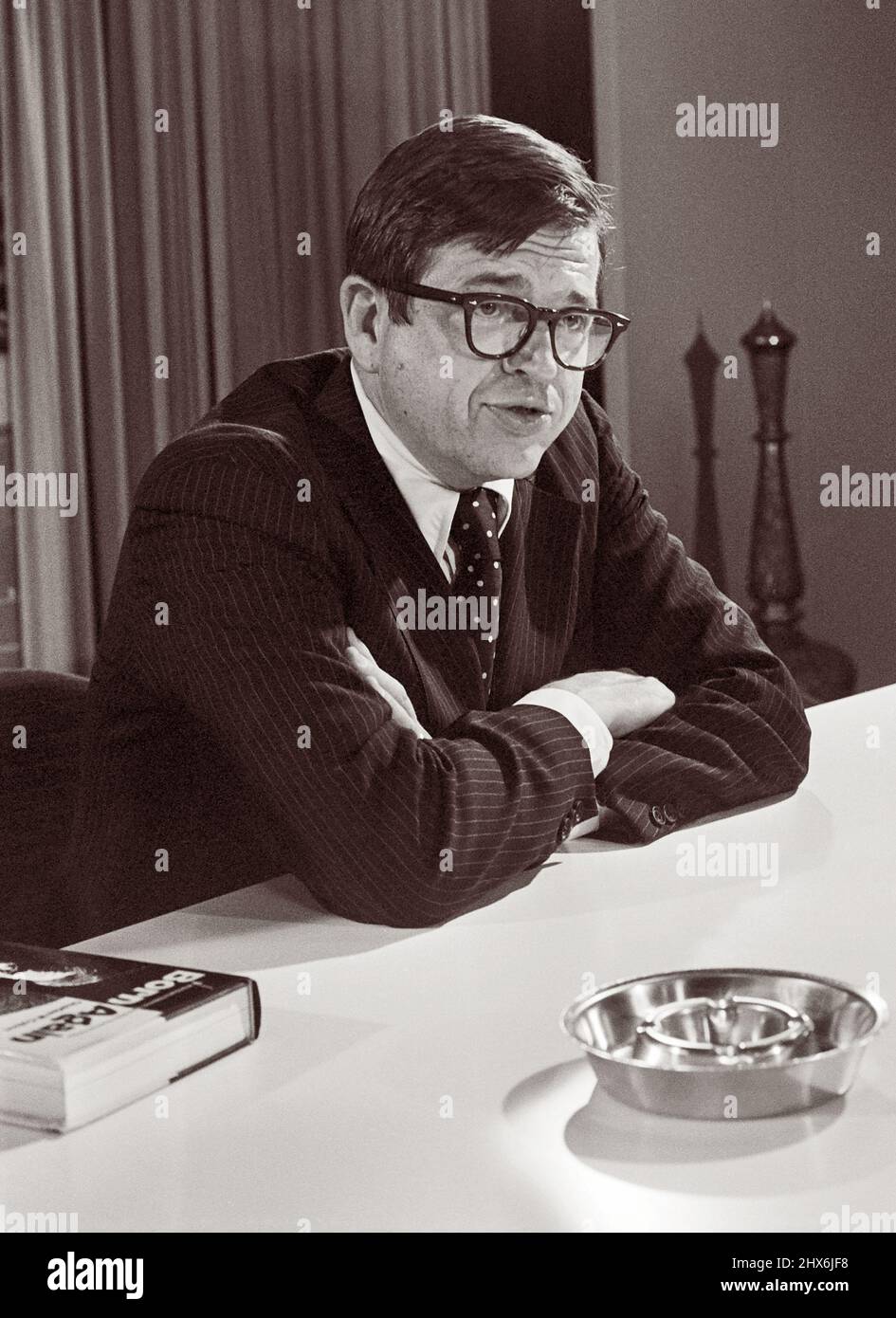 Charles 'Chuck' Colson (1931-2012) speaking at a press conference on June 13, 1976, at Amsterdam Airport Schiphol upon the publication of his autobiographical book, Born Again. Colson, a former political advisor to U.S. President Richard Nixon, was sentenced to prison for his role in the Watergate scandal. Before entering prison, Colson became an evangelical Christian and in 1976 founded Prison Fellowship, a Christian nonprofit ministry to prisoners. Stock Photo