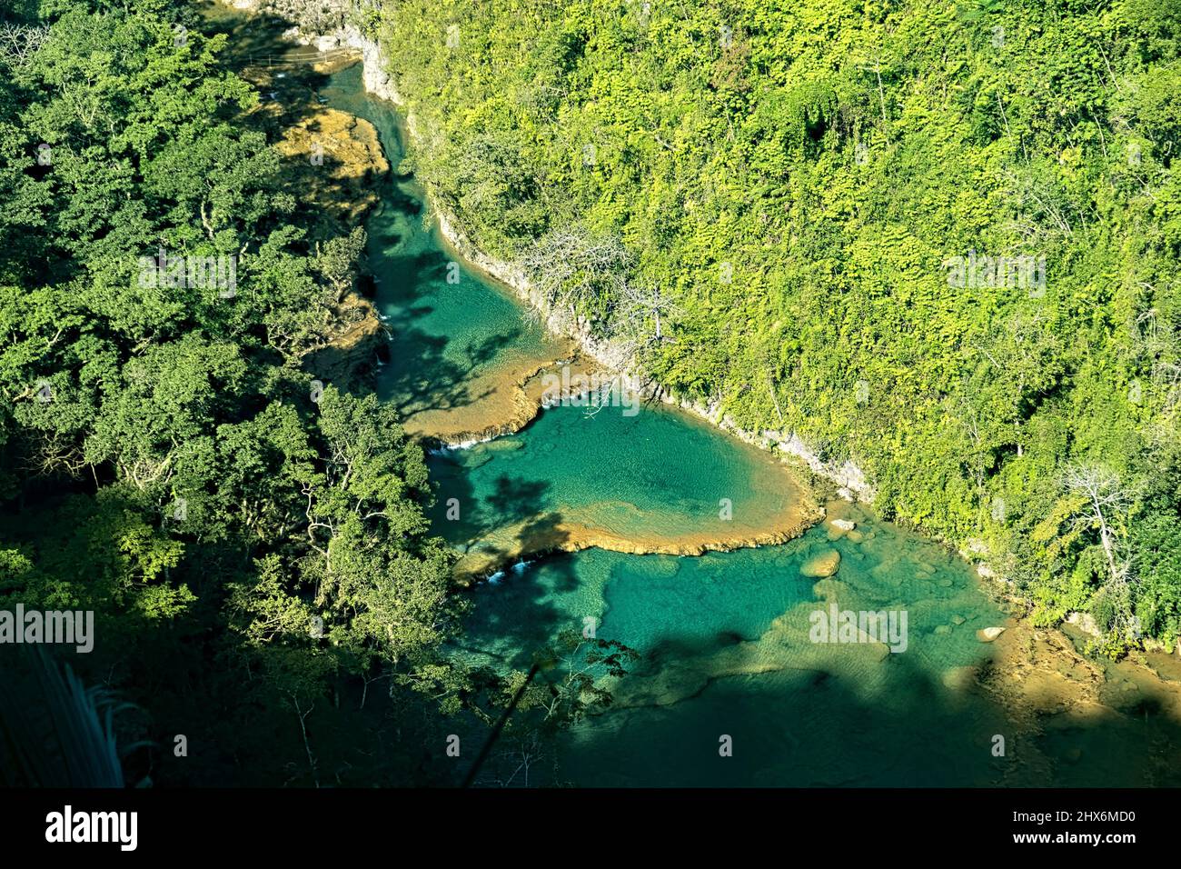 The amazing turquoise pools of Semuc Champey, Rio Cabohon, Lanquin, Alta Verapaz, Guatemala Stock Photo