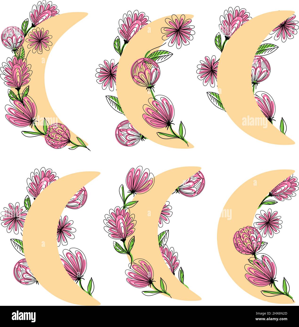 Moon with flowers, hand-drawn doodle-style elements. Fantasy flowers. Spring, design elements. Spring Stock Vector
