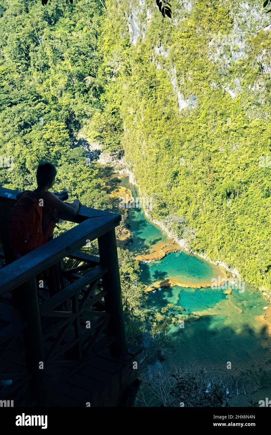 Viewpoint over the turquoise pools of Semuc Champey, Rio Cabohon, Lanquin, Alta Verapaz, Guatemala Stock Photo