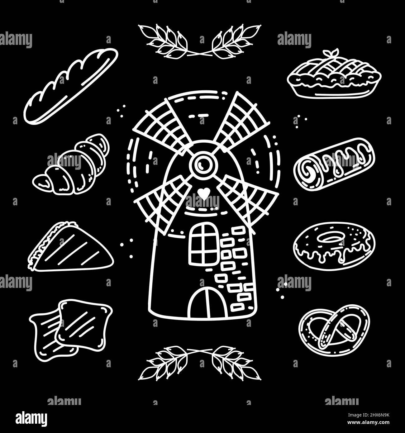 Set of baked goods, hand-drawn elements in doodle style. Mill for grinding grain. Flour products: bread, bagel, croissants and sandwich. Spike of whea Stock Vector