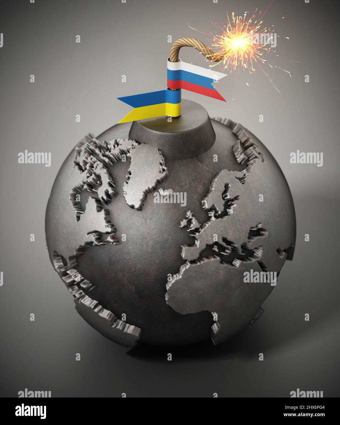 World map shaped bomb with Russia and Ukraine flags as fuse. 3D illustration. Stock Photo