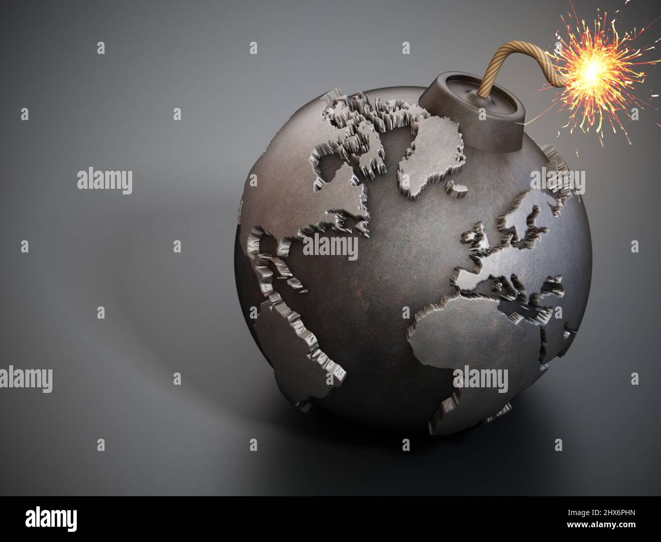 World map shaped bomb with burning fuse. 3D illustration. Stock Photo
