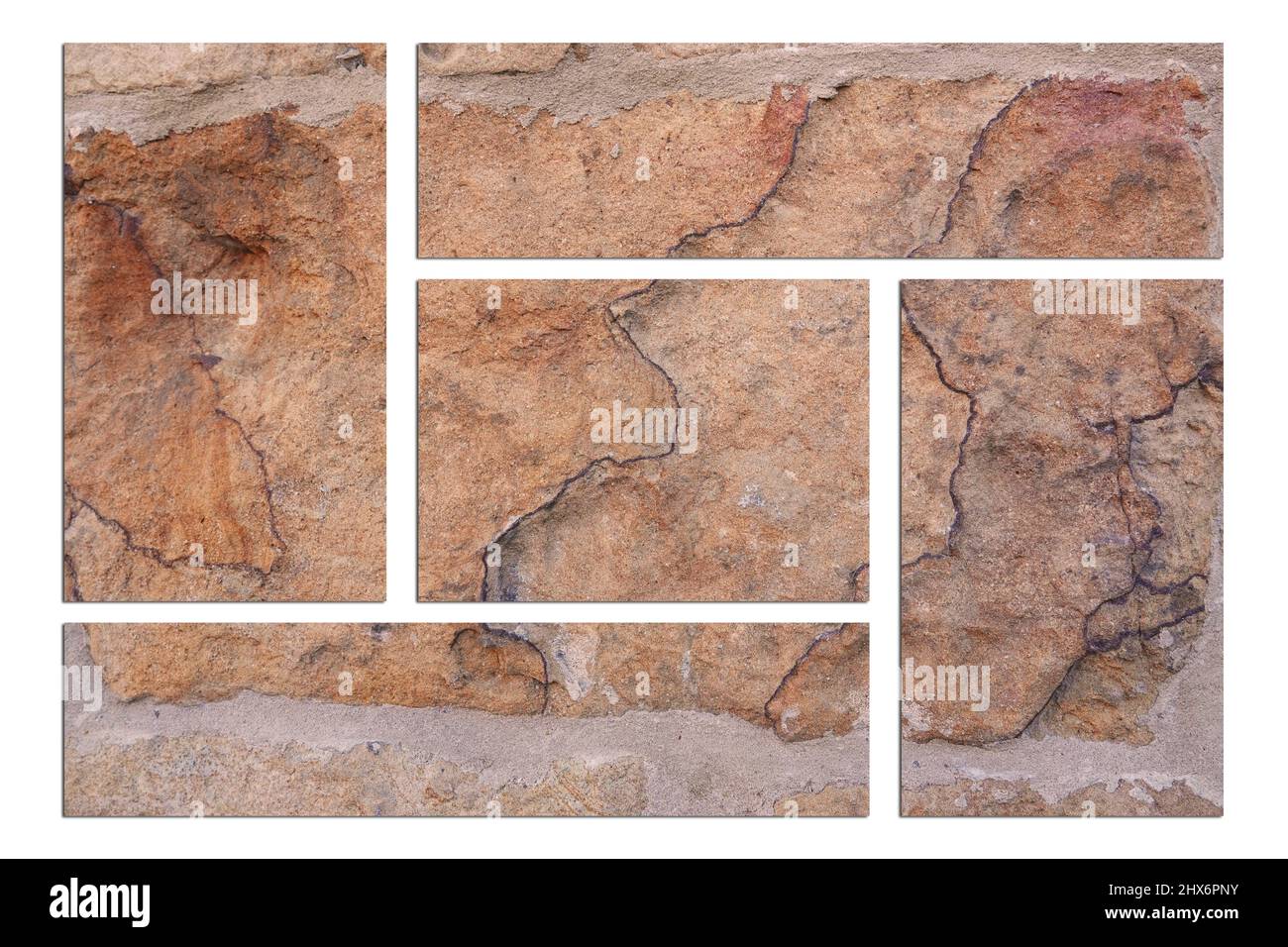 Light brown stone wall background. The photo is divided in tiles. It's a detail of a very old  sandstone wall. Stock Photo
