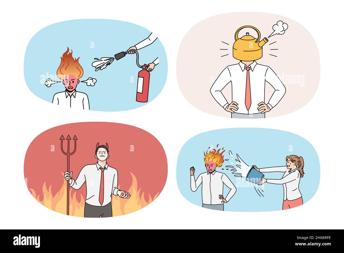 Set of stressed businessman with burning head suffer from nervous breakdown at work. Collection of upset distressed man employee overwhelmed with job stress. Flat vector illustration.  Stock Vector
