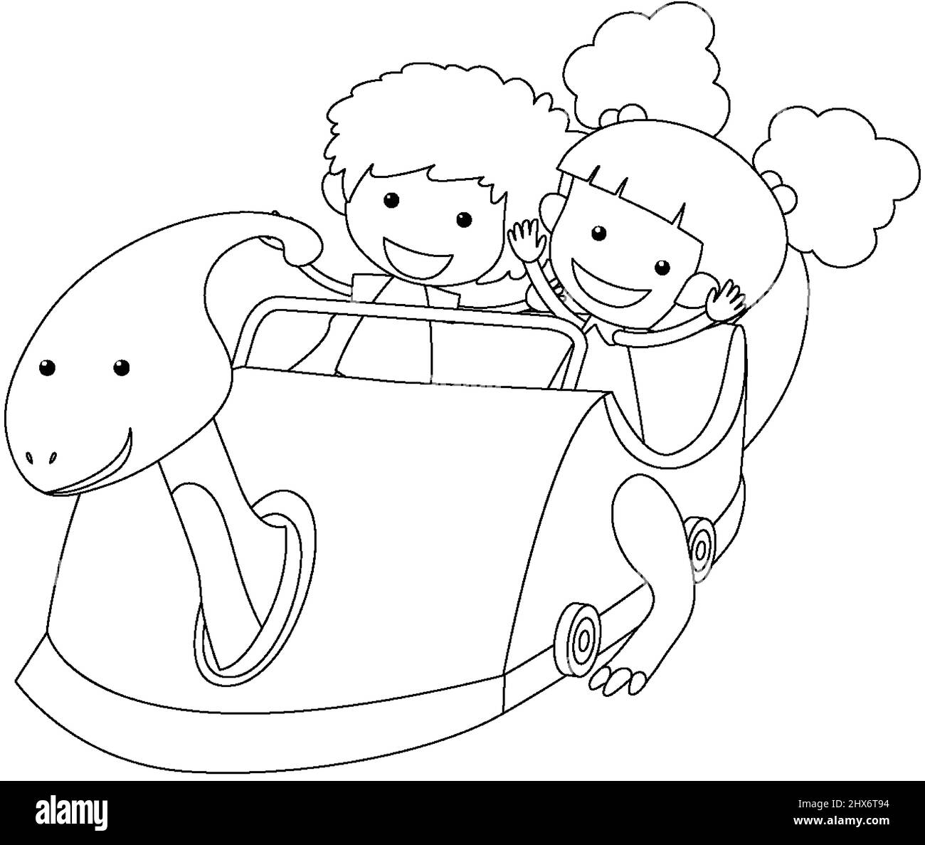 kids in dinosaur racing car black and white doodle character ...