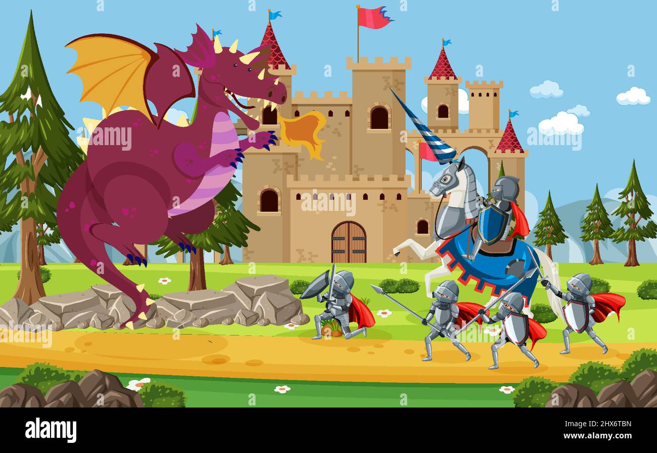 Medieval knights fighting with ancient dragon illustration Stock Vector ...