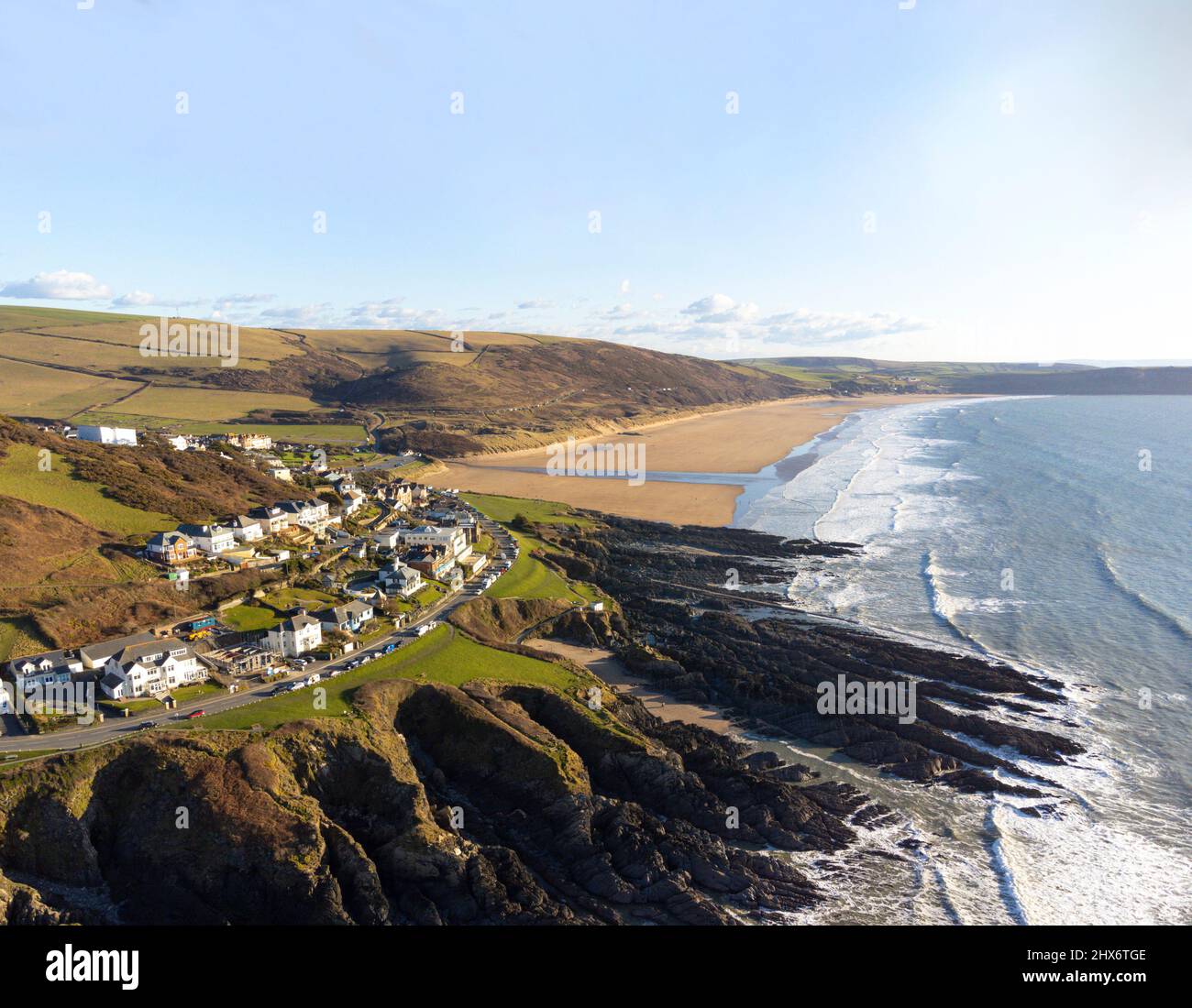 Drone View of the curving Esplanade and Woolacombe Beach - Woolacombe - Devon, UK Stock Photo