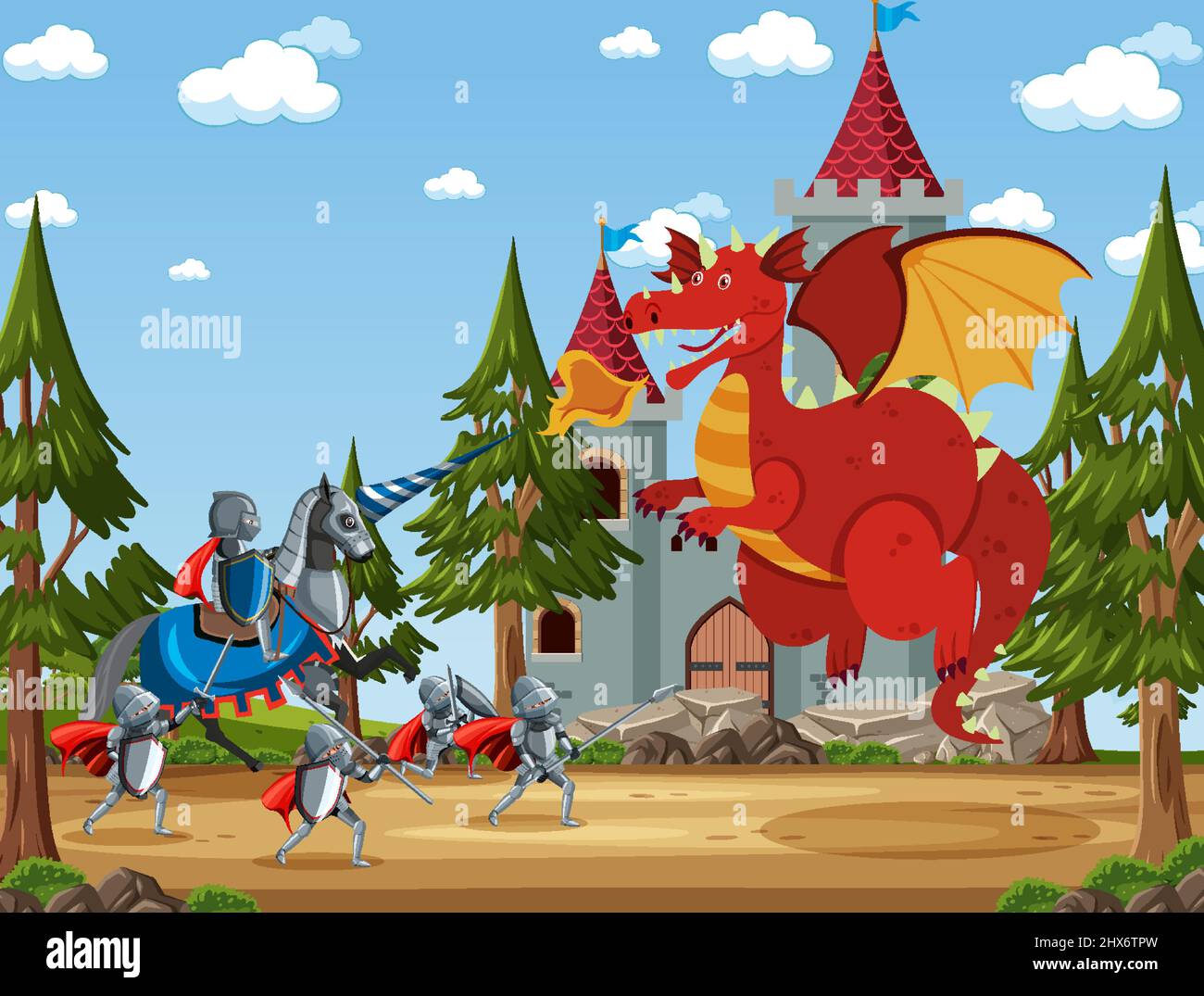 Medieval outdoor scene with knights fighting with dragon illustration ...
